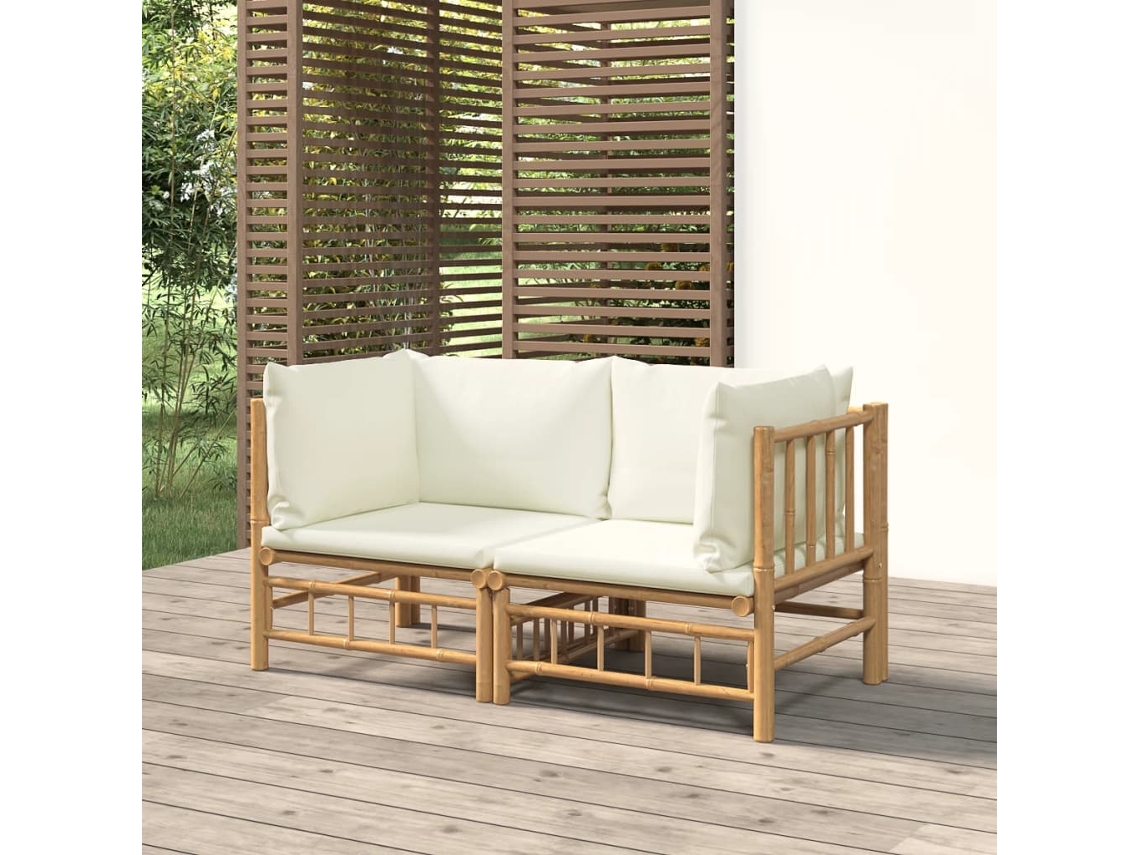 Vidaxl 2pcs Sofás De Canto Para Jardim Bambu C/ Almofadões Branco Nata
