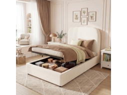 Cama infantil 90x200cm em bouclé bege, hidráulica, grande compartimento, cabeceira acolchoada, sem colchão, KOMHTOM