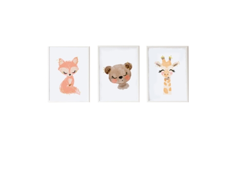 Conjunto de 3 Quadros CROCHETTS Multicolor Madeira Mdf 33 X 43 X 2 Cm Urso Girafa Raposa 3 Peças