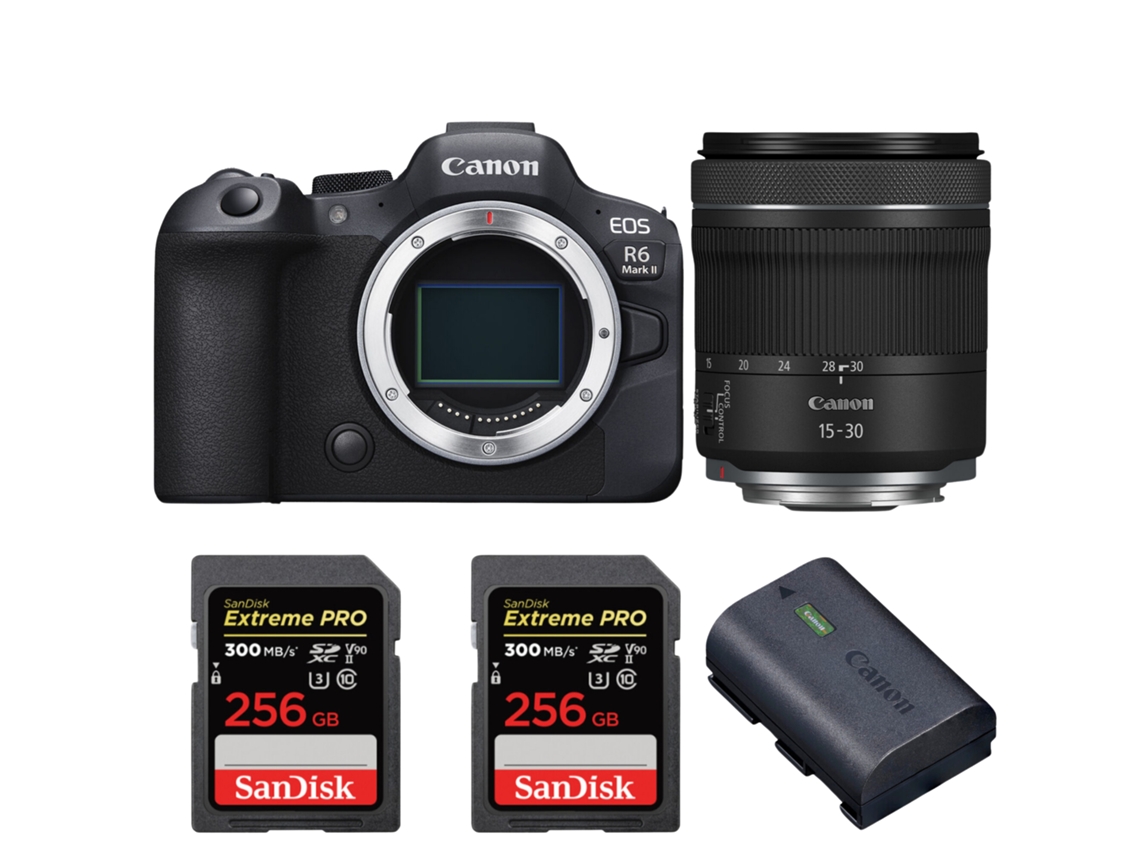 Eos R6 Mark Ii + Rf 15 30mm F/4.5 6.3 Is Stm + 2 Sandisk 256gb Uhs ii 300mb/s + 1 Canon Lp e6nh + Ebook “20 Dicas para Fotos Que Impressionam” CANON