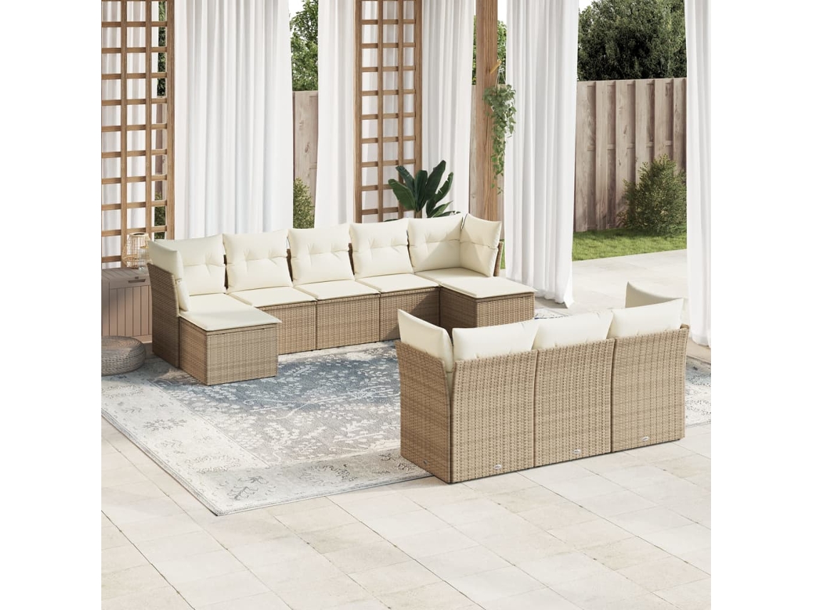 Vidaxl 10 Pcs Conjunto De Sofás P/ Jardim Com Almofadões Vime Pe Bege