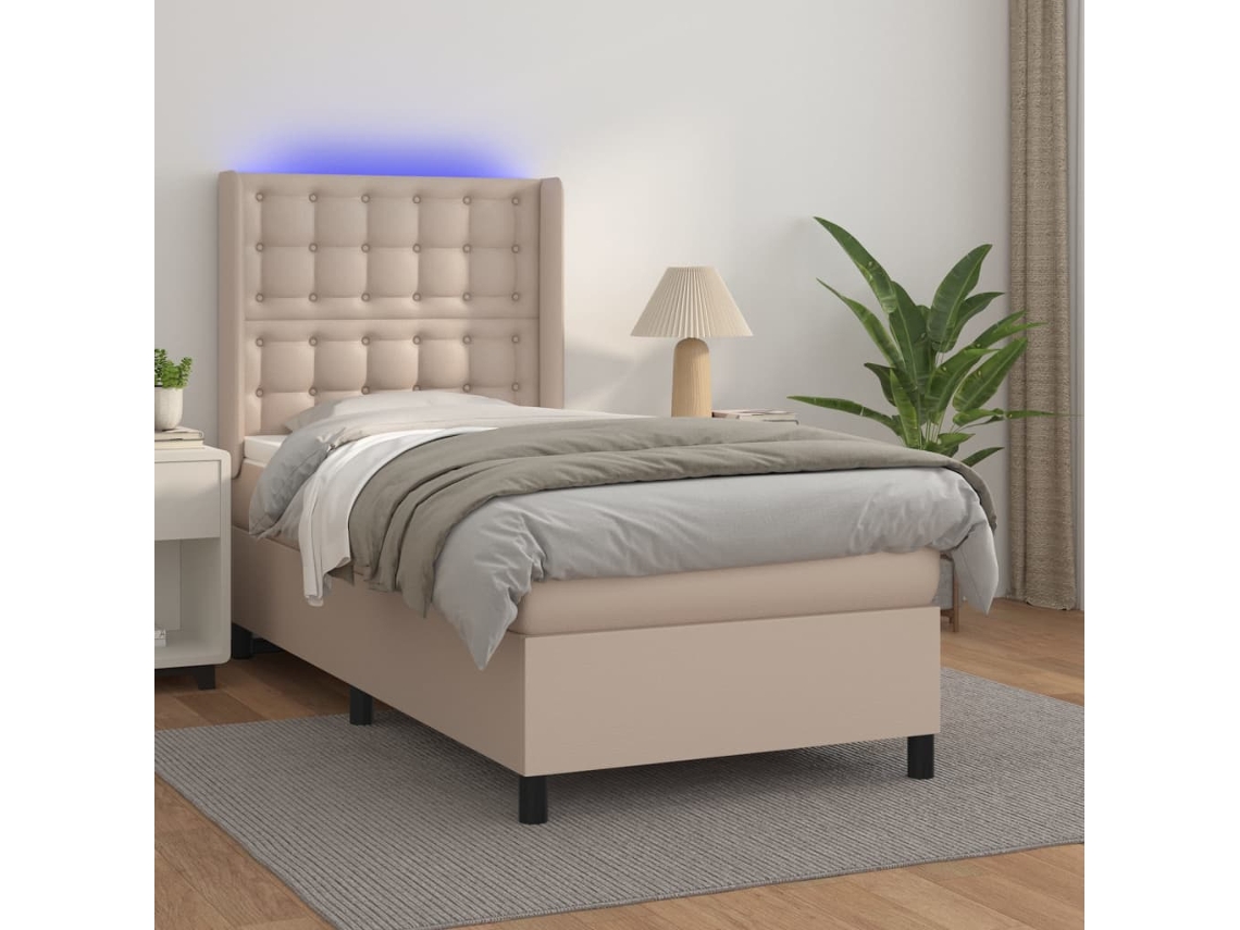 Vidaxl Cama Box Spring C/ Colchão/led 90x200cm Couro Artif. Cappuccino