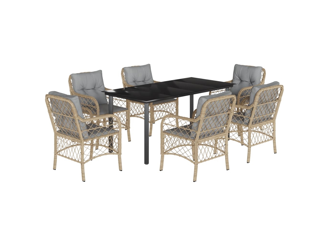 Conjunto de 7 Jantar para Jardim com Almofadões Vime Pe Bege Misturado MAISON EXCLUSIVE