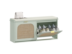 Banco para Sapatos CHEZMOI com espaço de armazenamento, assento acolchoado, gavetas basculantes, porta em rattan, 104x26x47,5 cm, verde