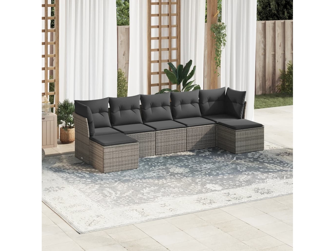 Vidaxl 7 Pcs Conjunto Sofás P/ Jardim C/ Almofadões Vime Pe Cinzento