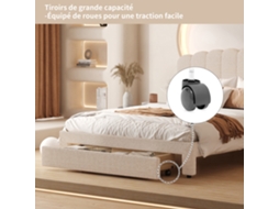 Cama de Casal 160x200 Cm em Tecido Bege Aveludado, com Gavetas, Portas Usb, SIMURQ