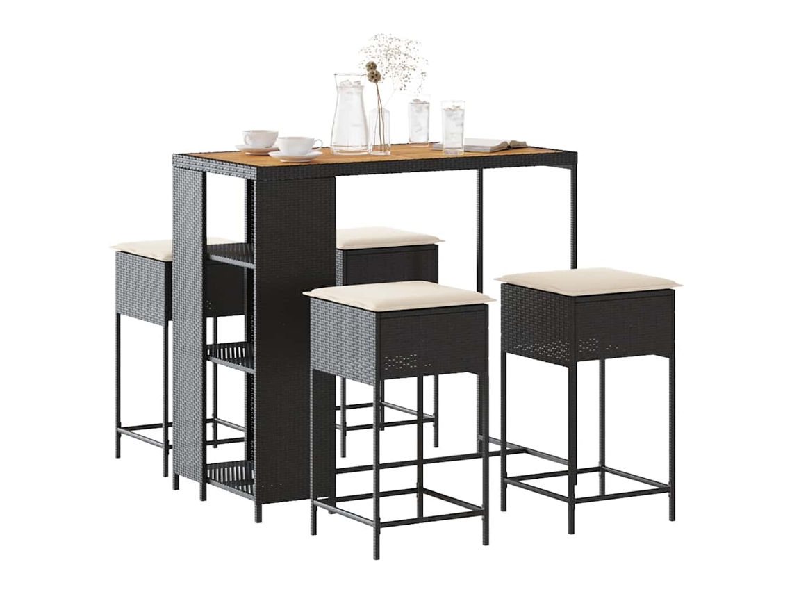 Vidaxl 5 Pcs Conjunto De Bar P/ Jardim C/ Almofadões Vime Pe Preto
