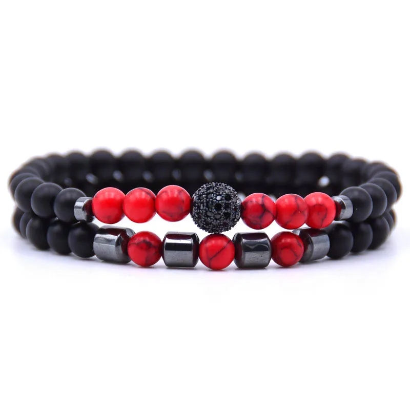 Pulseira Masculina Com Contas De Zircônia Preta Cravejadas Em Pavé, Com 6 Mm De Diâmetro, E Contas De Hematita.