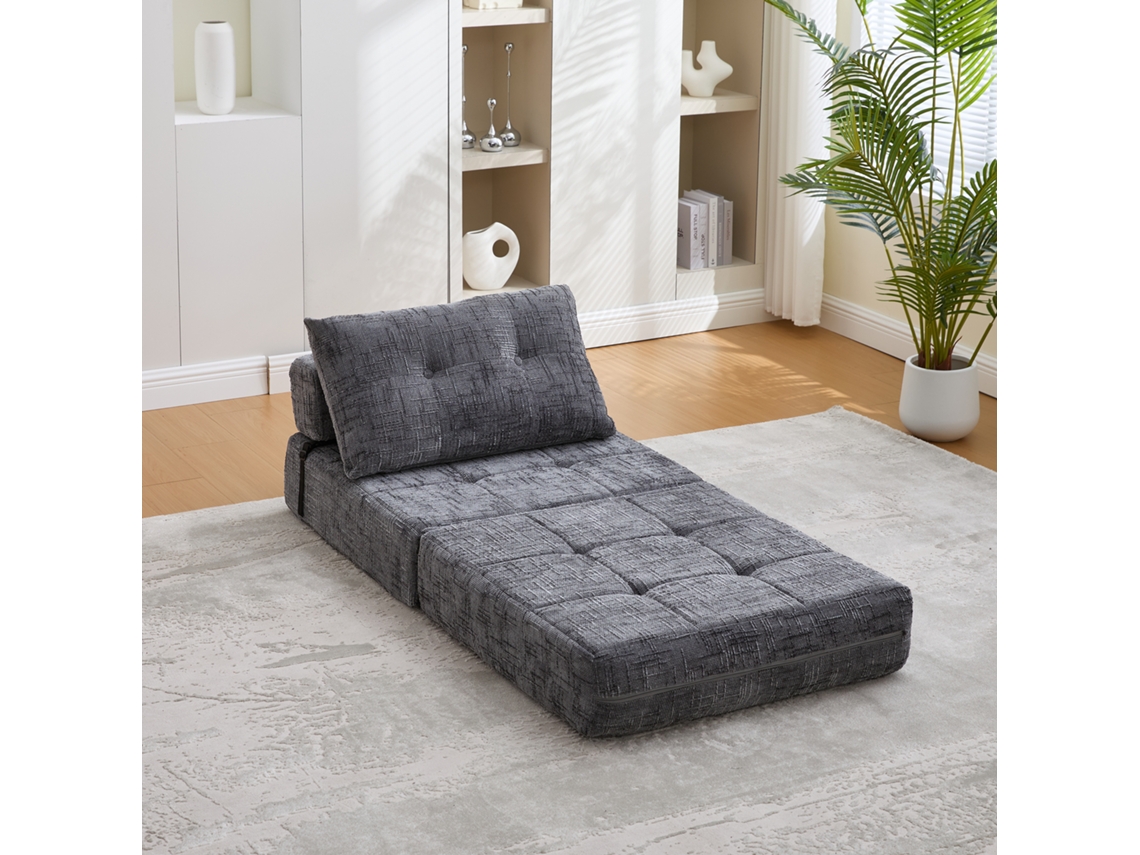 Sofá-cama de casal com almofadas, colchão portátil e confortável para sala de estar e quarto em tecido chenille cinza.