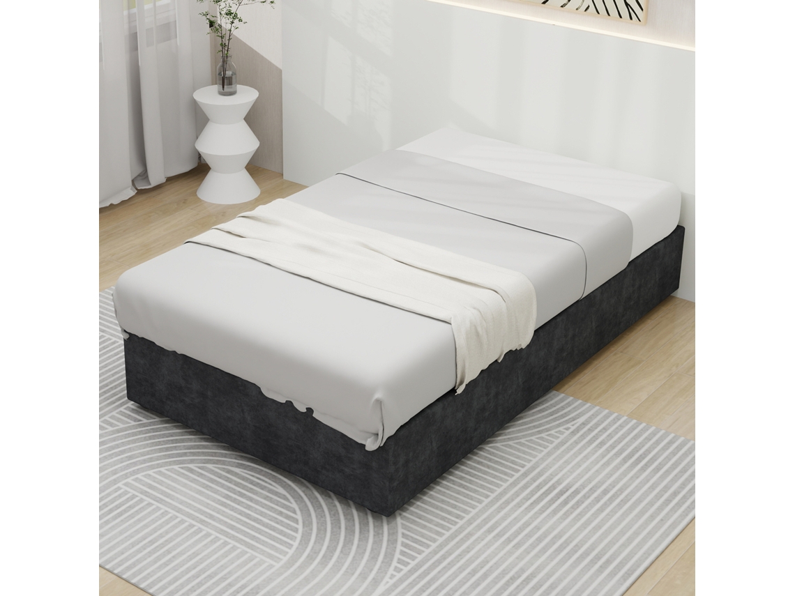 Cama Solteiro Cinza 90x200cm, Veludo Holandês, Haste Pneumática (s/ Cabeceira/colchão). -op