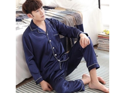 2026 conjunto de Pijamas de Seda Negra para Hombre Jm Junemaist Manga Larga Tallas L XL XXL XXXL Verano XL Pijama Masculino Azul