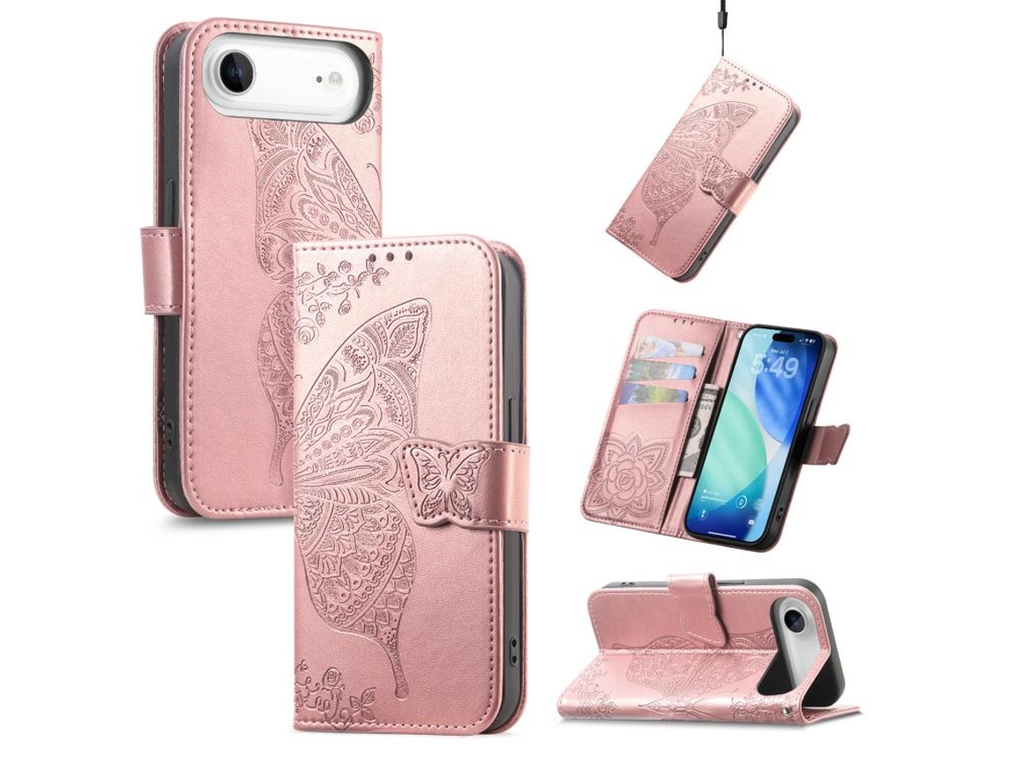 Capa De Couro Para Iphone 17 Air Shell Com Borboleta E Flores Em Relevo.