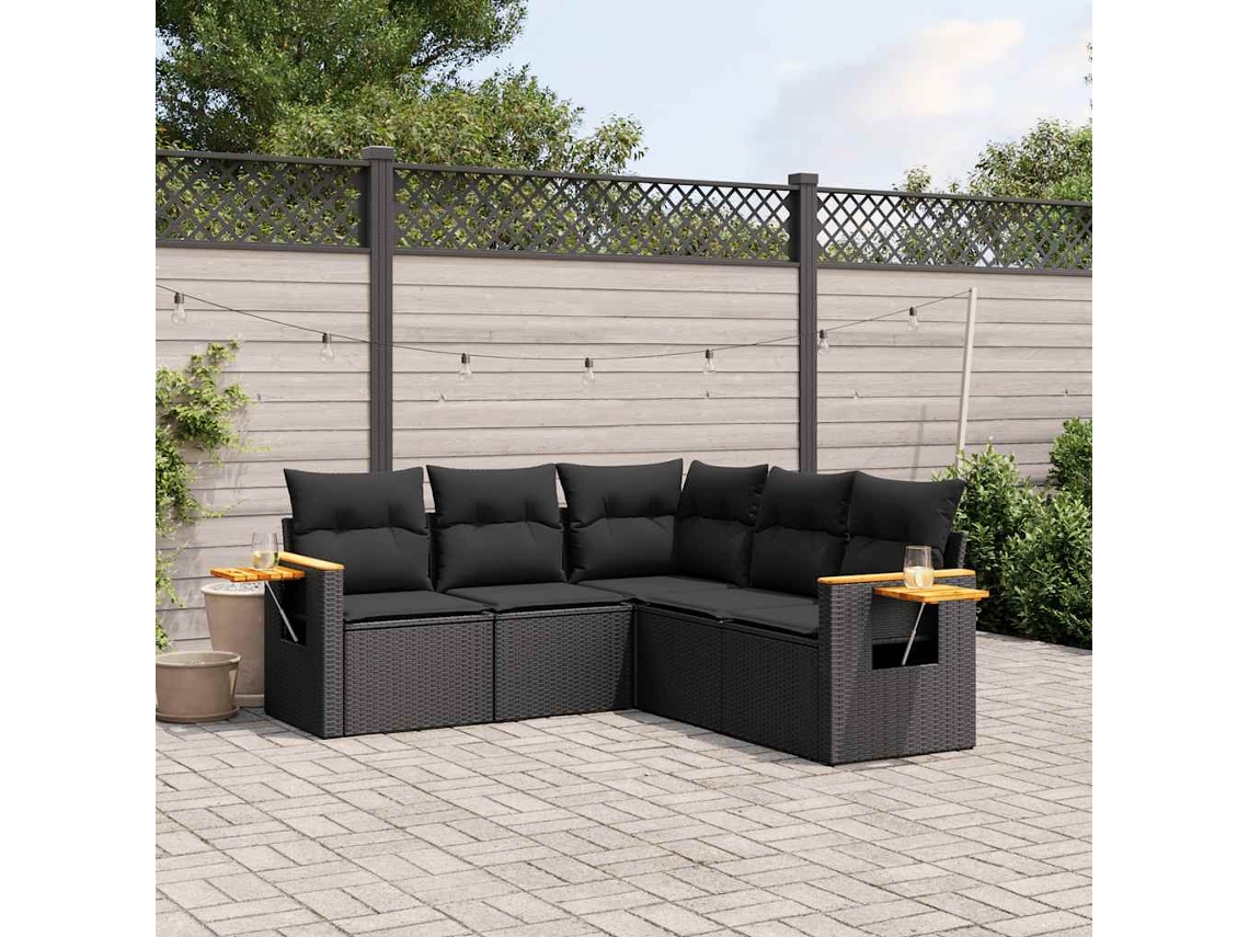Vidaxl 5 Pcs Conjunto Sofás De Jardim Com Almofadões Vime Pe Preto