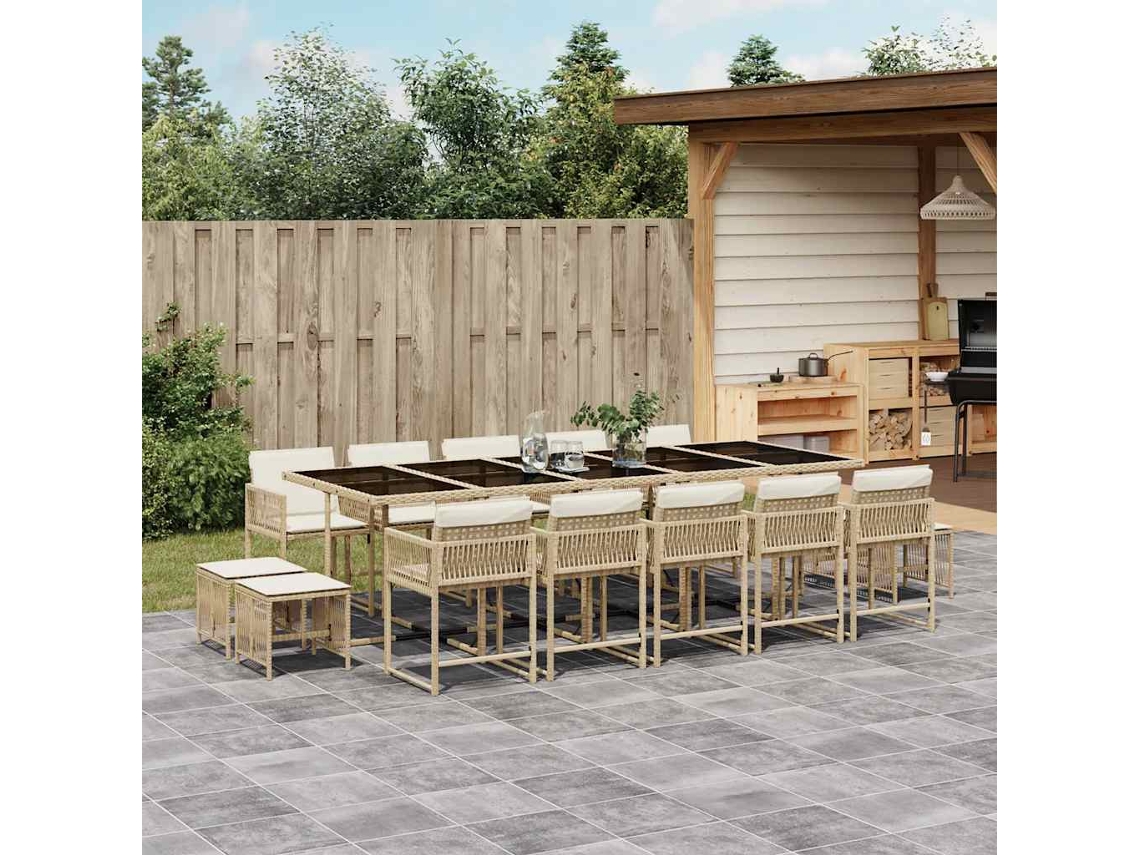 Vidaxl 15 Pcs Conjunto De Jantar P/ Jardim Com Almofadões Vime Pe Bege