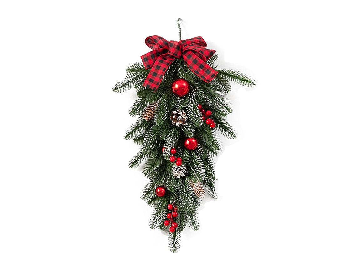 Guirlanda de Natal em Forma de Lágrima com Agulhas de Pinheiro Laço Xadrez Bagas Vermelhas Pinhas Porta Parede Janela S/MARCA