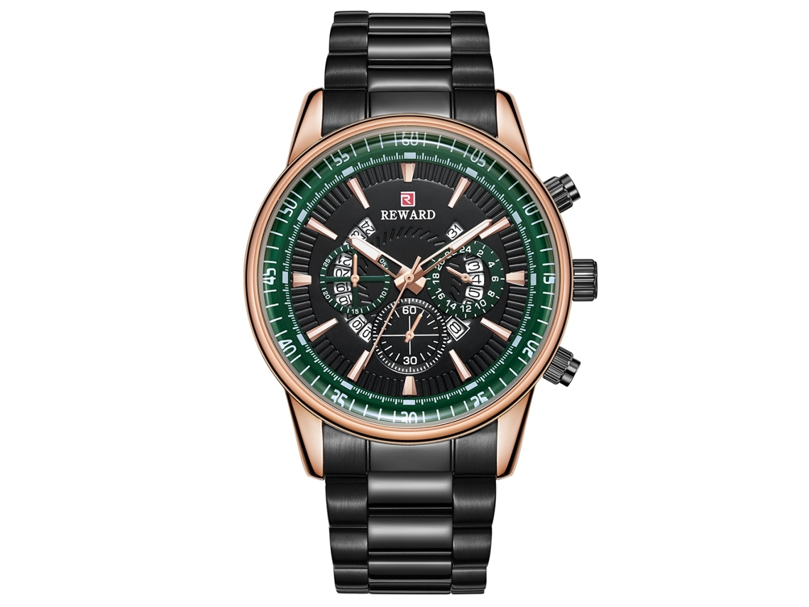 Relógio de pulso masculino de quartzo com pulseira de aço, estilo casual e profissional (ouro rosa + verde)