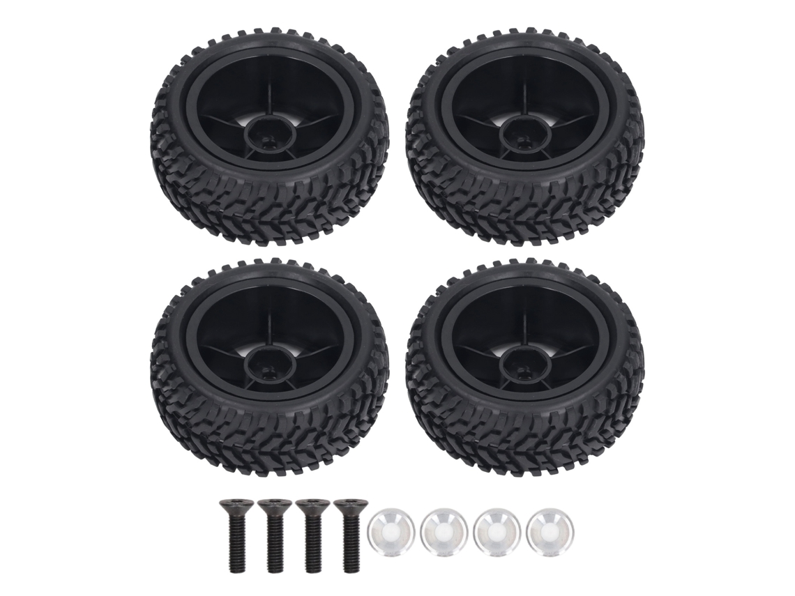 Conjunto De Pneus E Rodas De Borracha Rc 10 Raios Para Carro Rc 1/16 Com Parafusos E Arruelas Preto