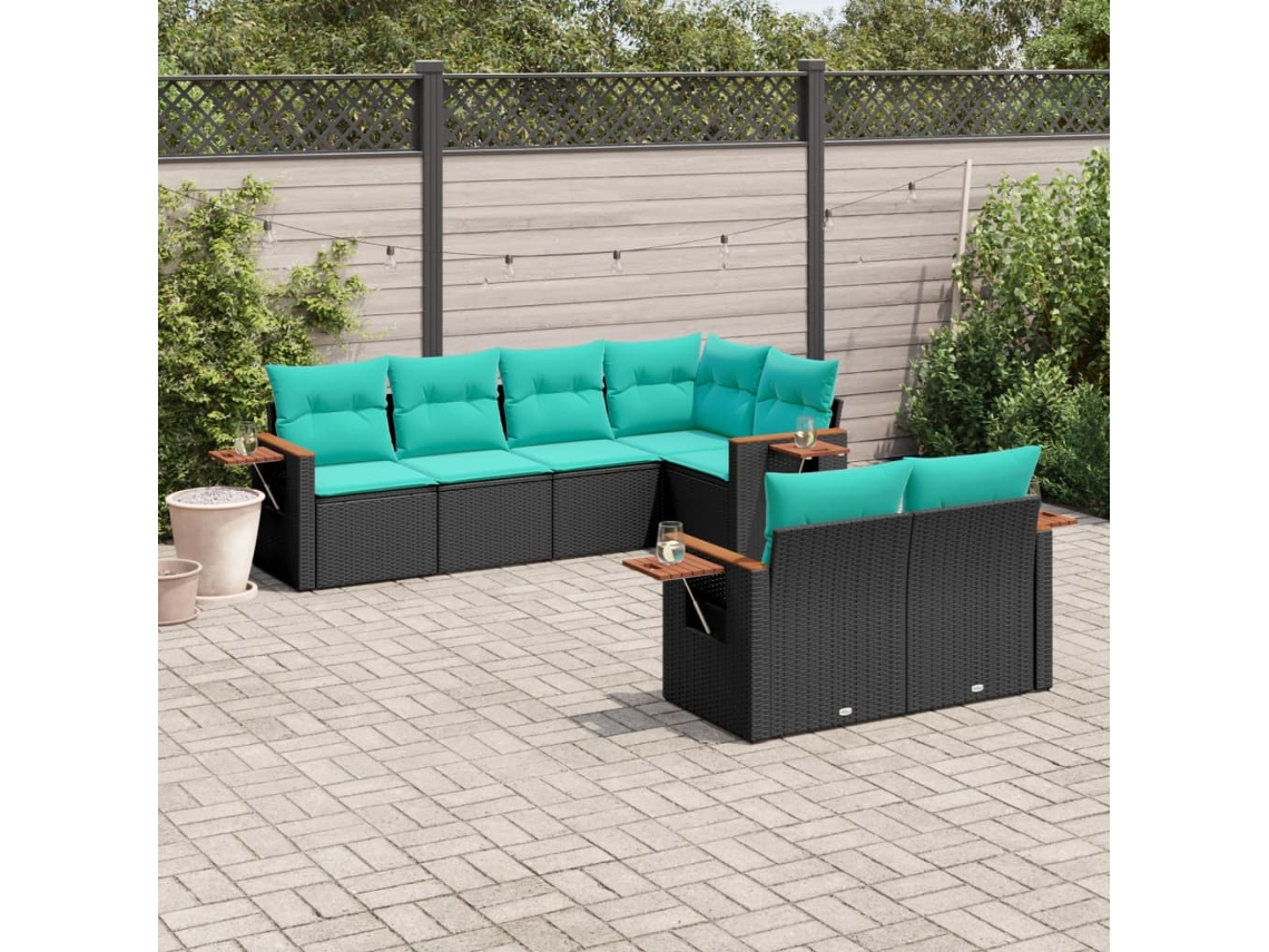 Vidaxl 7 Pcs Conjunto De Sofás P/ Jardim C/ Almofadões Vime Pe Preto