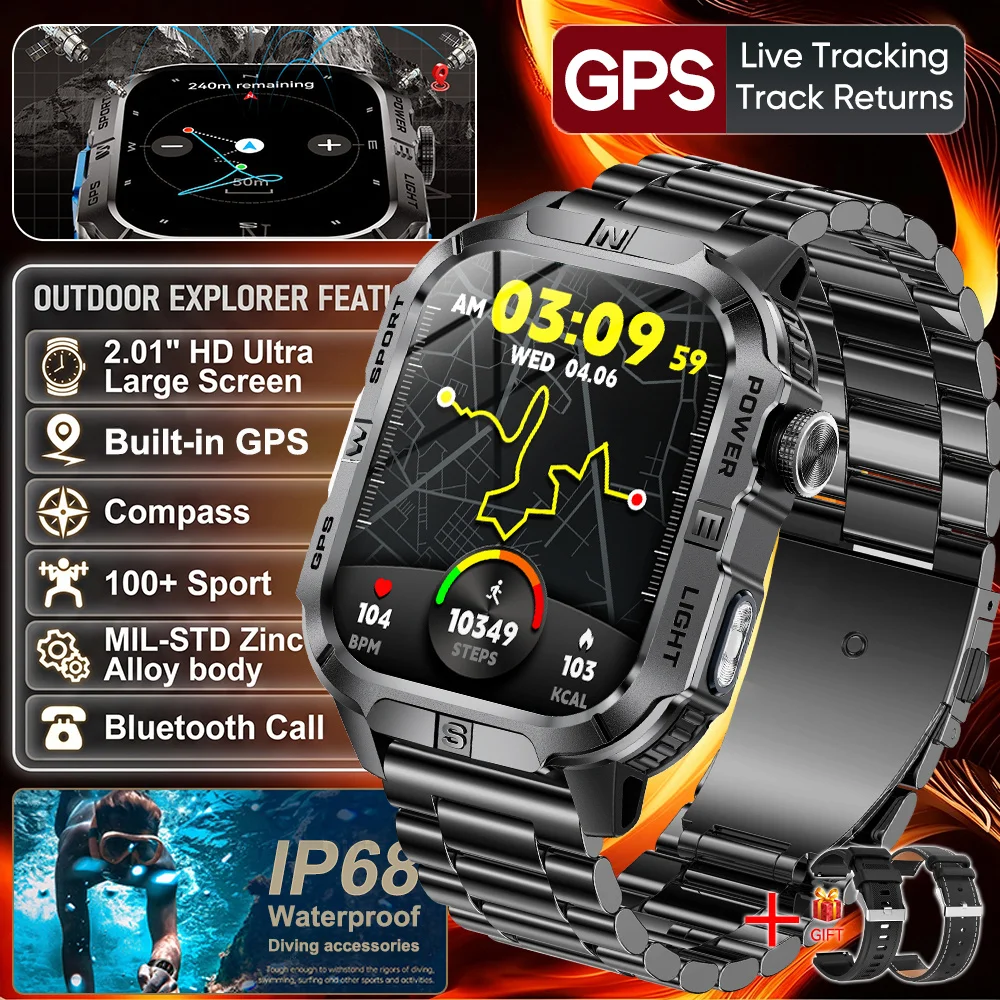 (pulseira De Aço Preta) Relógio Inteligente Com Gps, Tela Hd De 2,01 Polegadas, Resistência À Água Ip68, Lanterna Led E Bússola.