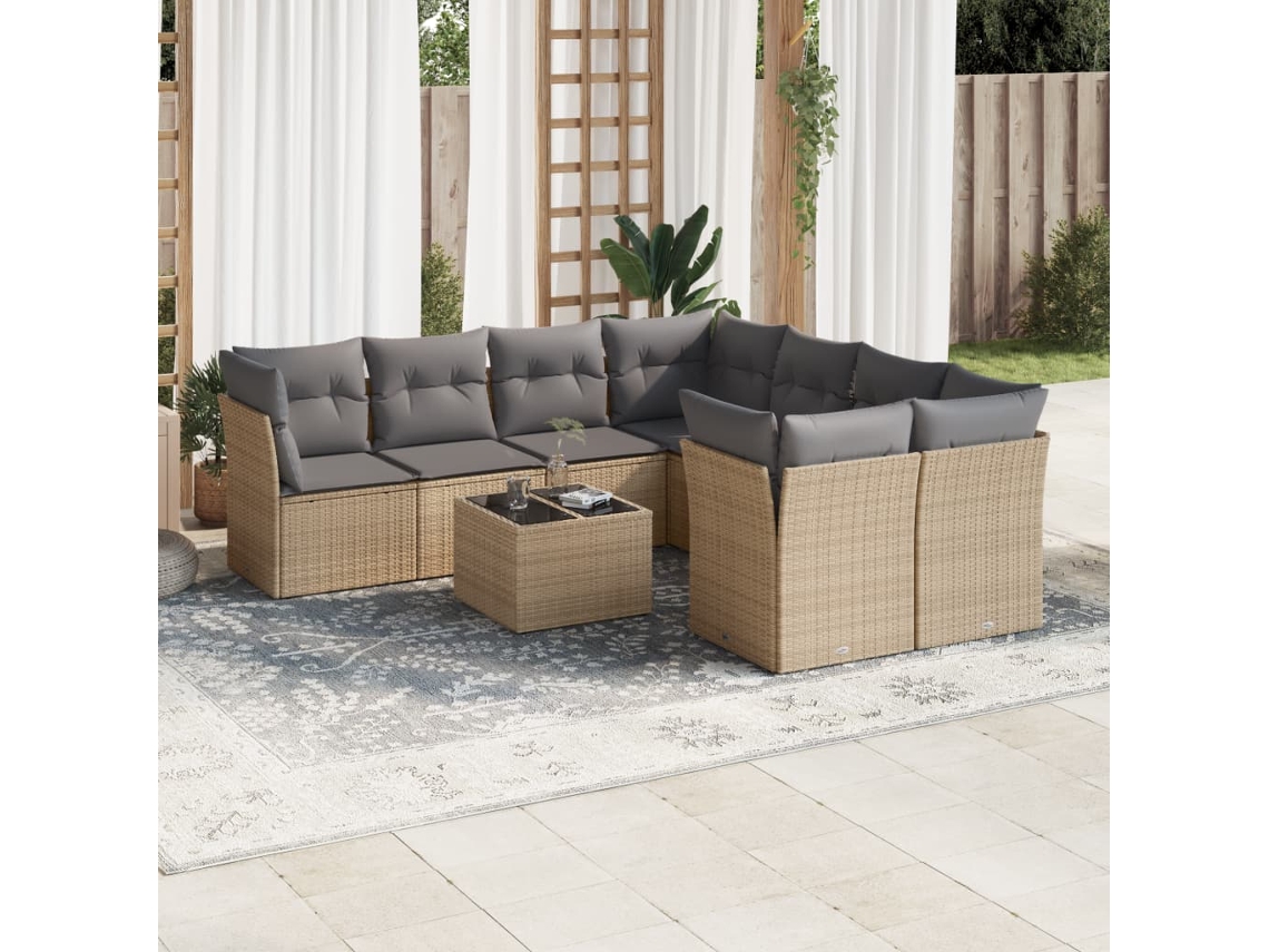 Vidaxl 9 Pcs Conjunto De Sofás P/ Jardim Com Almofadões Vime Pe Bege