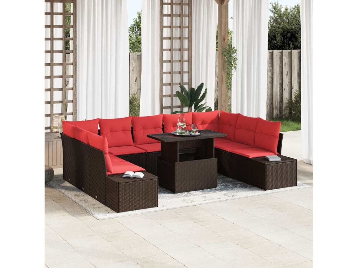 Vidaxl Conjunto De Sofá De Jardim 10 Unid. Marrom E Vermelho Vime Pe