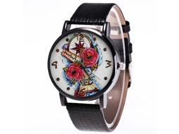Reloj De Cuarzo Unisex Con Correa De Cuero Pu, Dial Redondo Y Patrón Floral (negro)