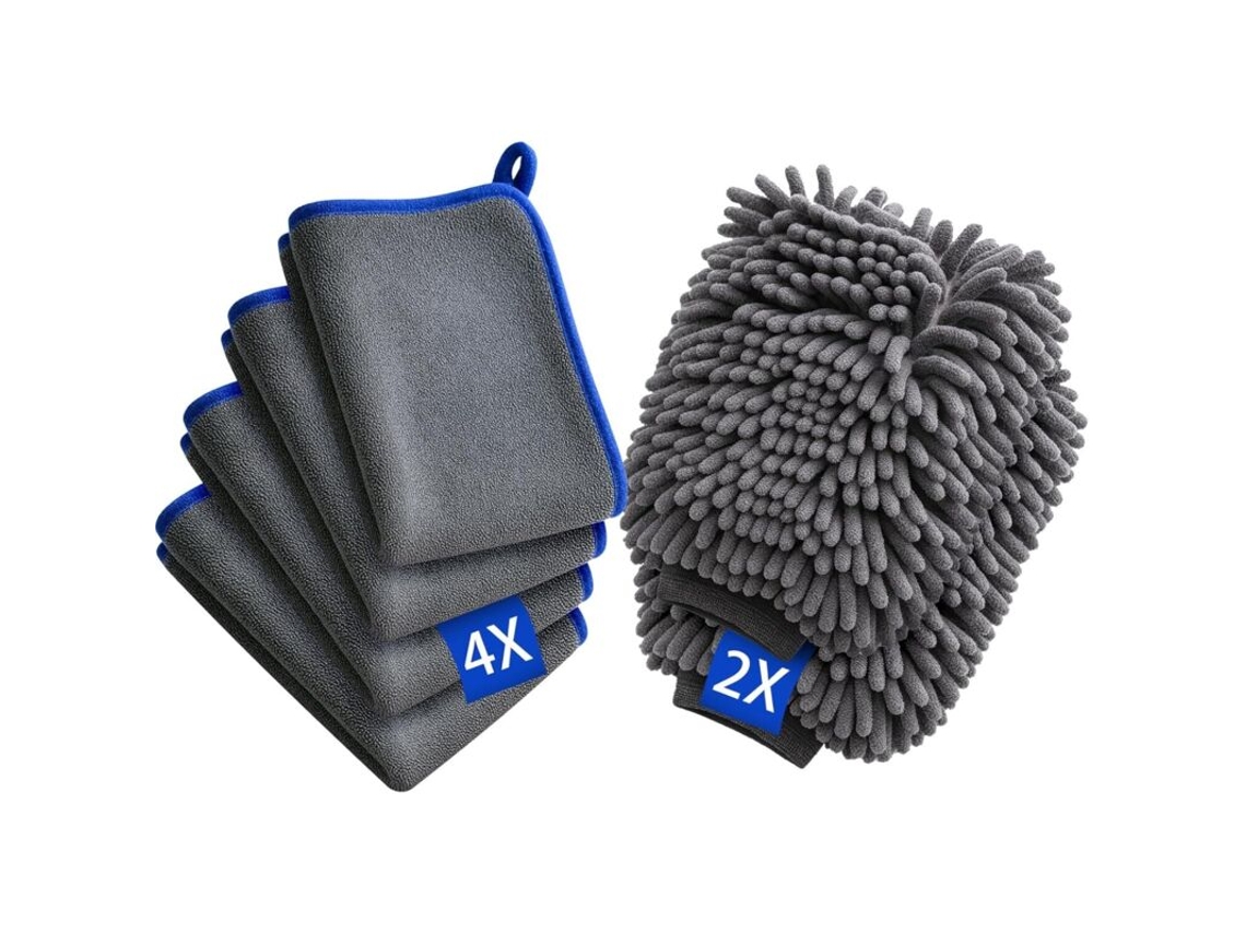 Kit De Limpeza Para Carro, 6 Peças, 4 Panos, 2 Luvas, 600gsm, Com De Microfibra