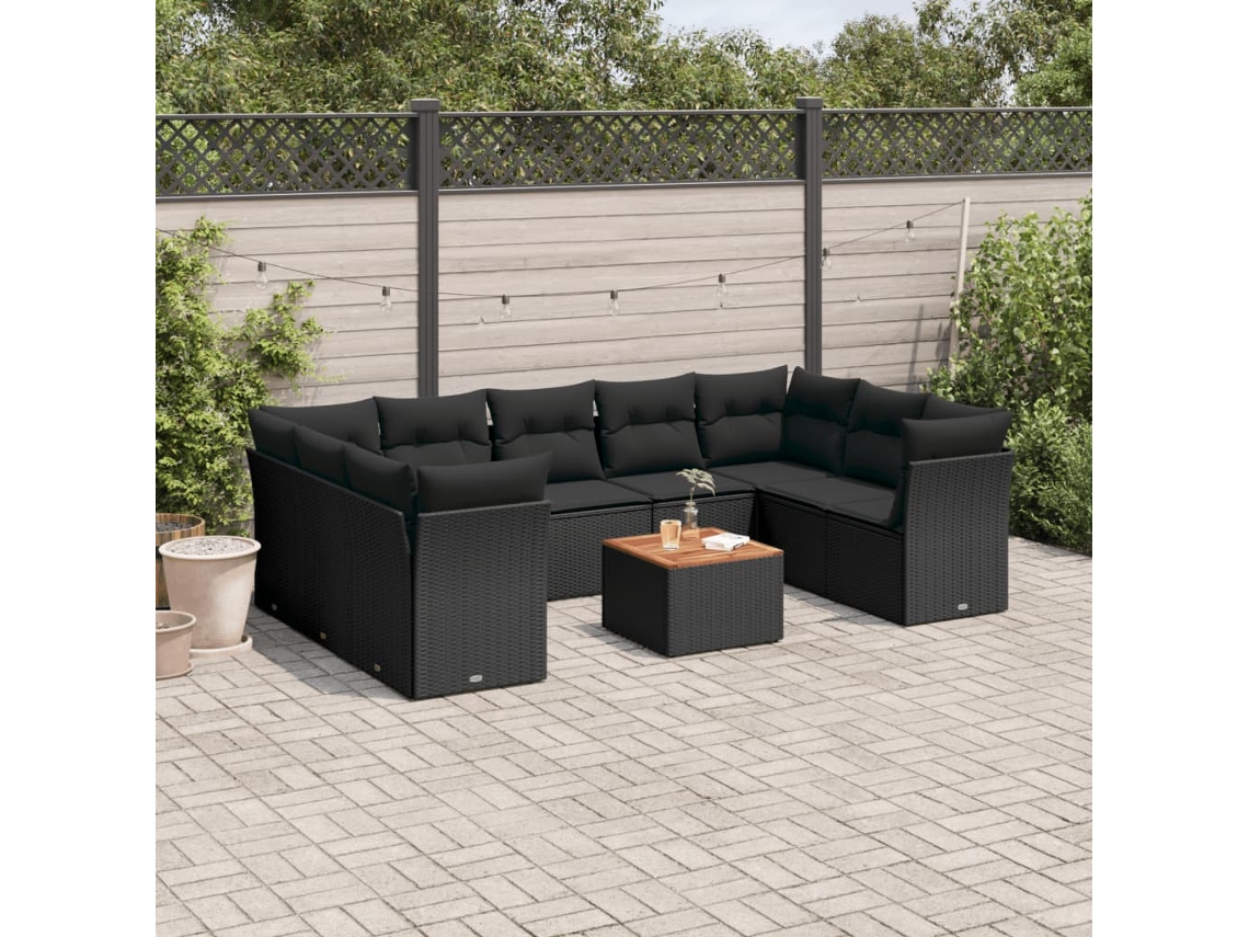 Vidaxl 10 Pcs Conjunto Sofás De Jardim C/ Almofadões Vime Pe Preto