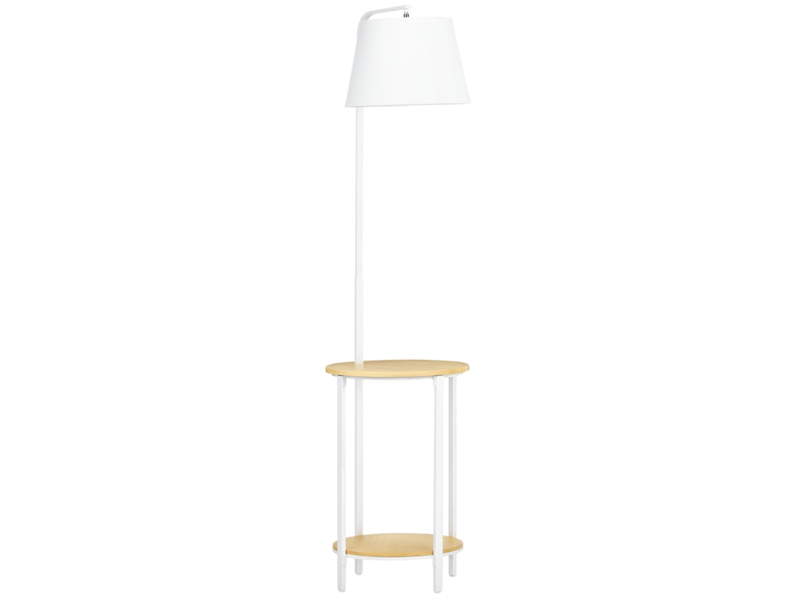 Candeeiro de Pé Moderno com Prateleira Suporte para Lâmpada E27 Máx. 40w com Ecrã Linho Ø37x162cm Branco e Madeira FYNTERA EUROPA