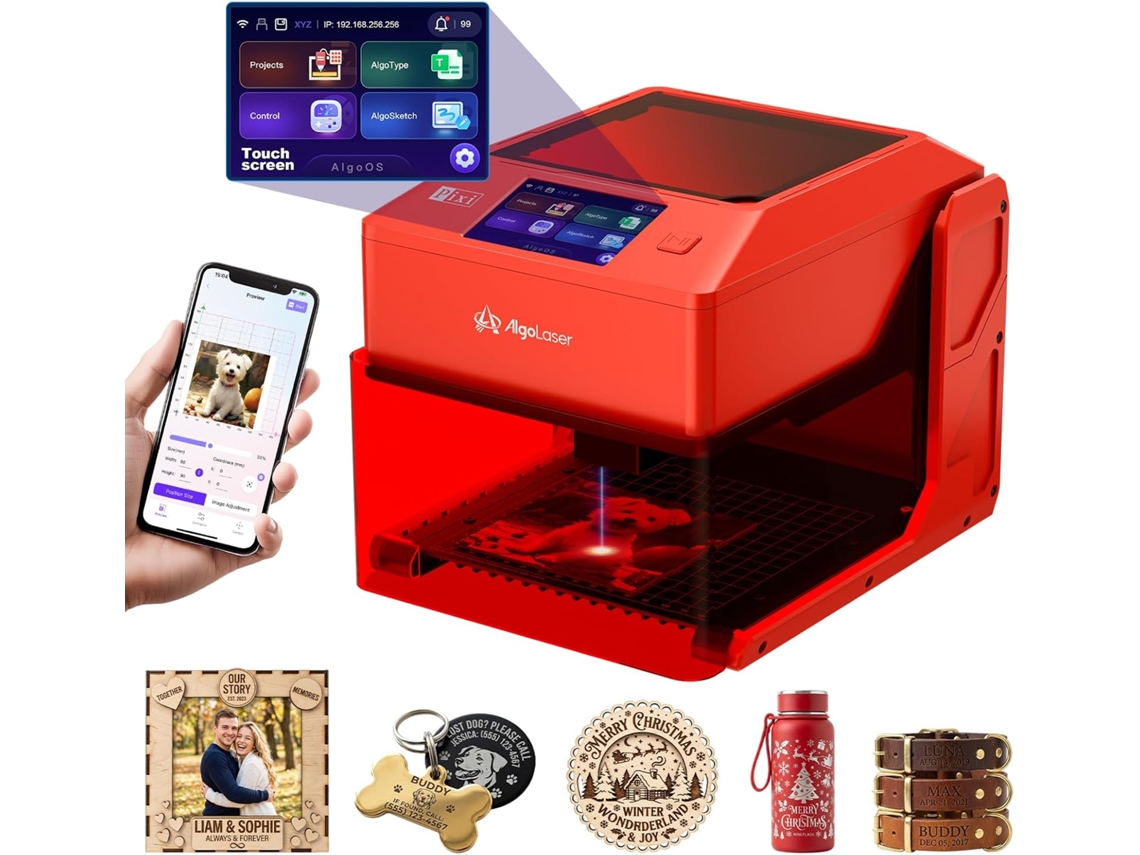 Máquina de Gravação a Laser 3w ALGOLASER Pixi, Portátil e Inteligente com Ecrã Táctil de 3,5'', Área 100x100 Mm, Controlo por App, Vermelho