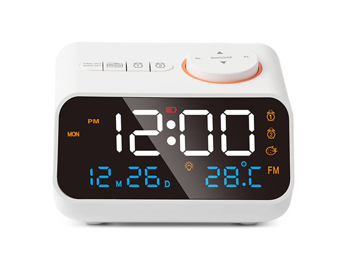 Relógio Despertador Baok-reloj com Rádio FM, Multifuncional, LED, Programável, Recarregável, para Casa, Branco