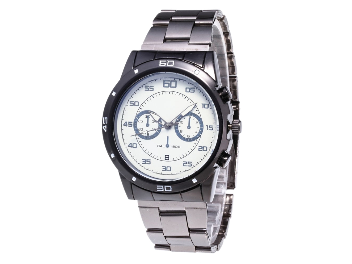 Relógio masculino de quartzo com pulseira de aço, mostrador de três mostradores, estilo formal.