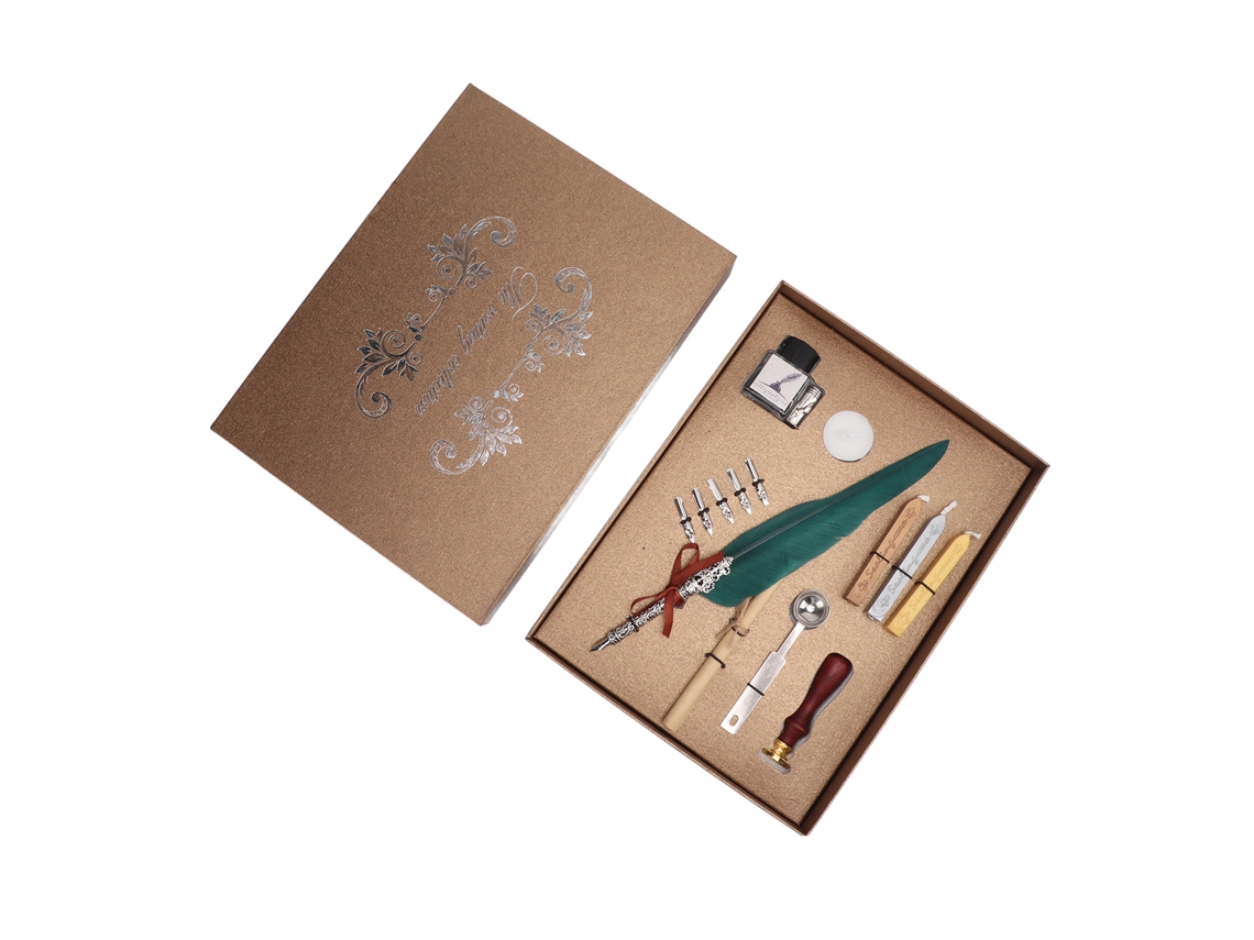 Definir Pluma Pluma De Ave Con Diseño Retro Y Grabado Para Caligrafía Y Regalo Sfdps038035 Verde Oscuro
