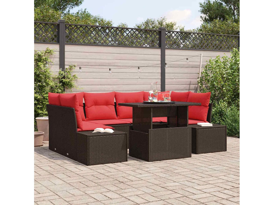 Vidaxl Conjunto De Sofás Com Almofada 7 Pcs Marrom E Vermelho Vime Pe