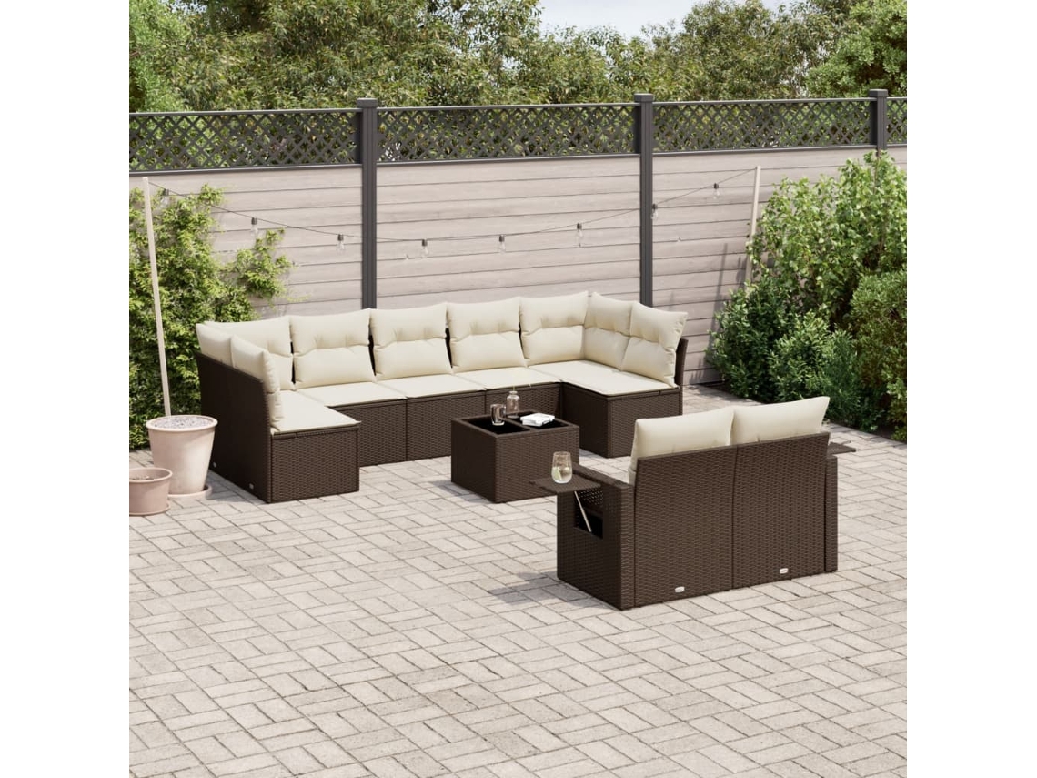 Vidaxl 10 Pcs Conj. Sofás Jardim Com Almofadões Vime Pe Castanho