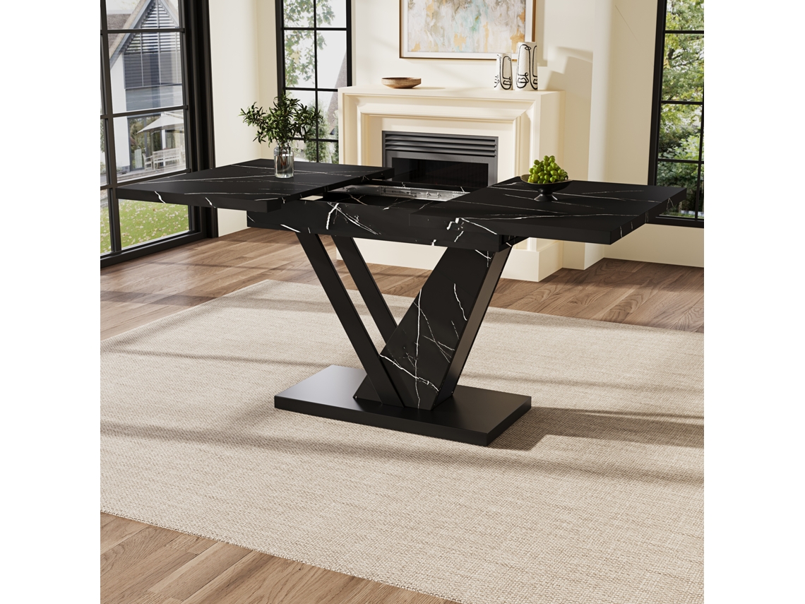 Mesa Extensível 120-160x75cm, Tampo Mármore Preto, Para Cozinha E Sala De Jantar