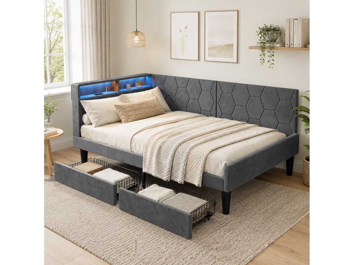 Sofá‑cama 90x200 Com 2 Gavetas, Cama Individual Com Led E Usb, Sofá‑cama Com Cabeceira Em Forma De L, Para Adolescentes E Adultos, Veludo Cinza