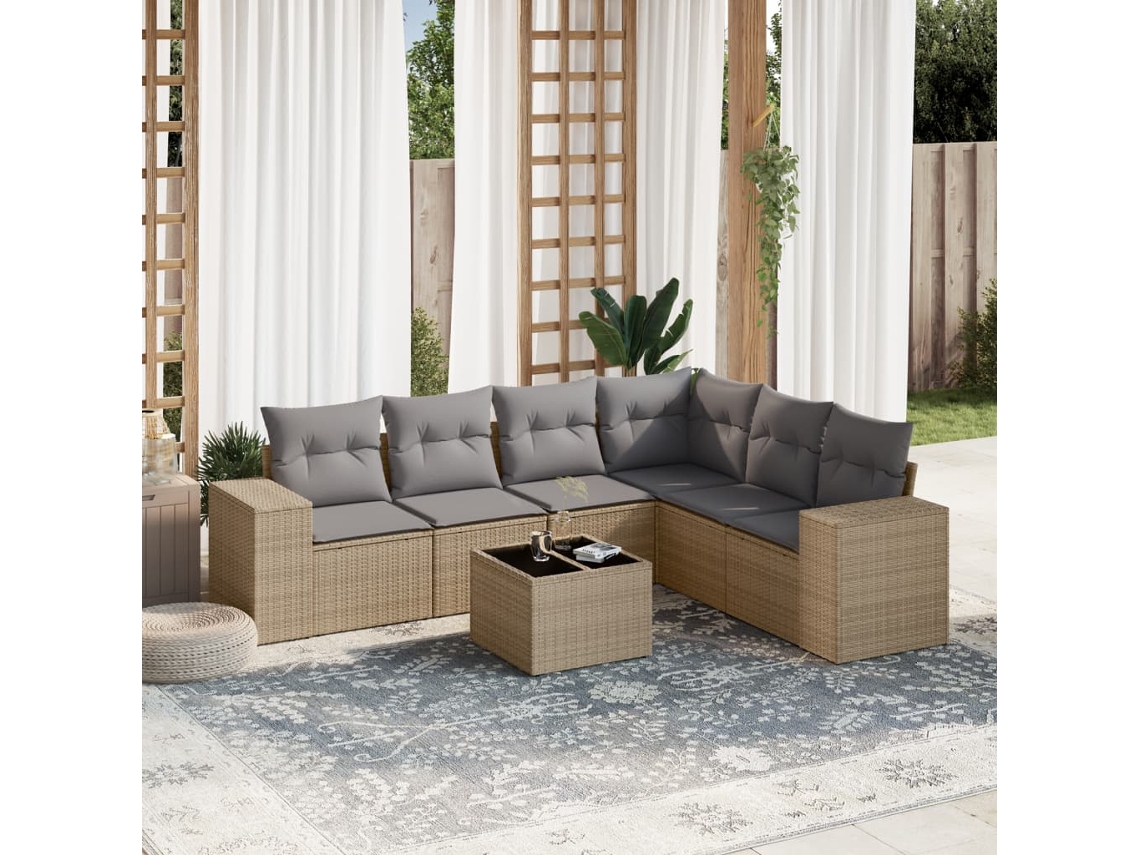 Vidaxl 7 Pcs Conjunto De Sofás P/ Jardim Com Almofadões Vime Pe Bege