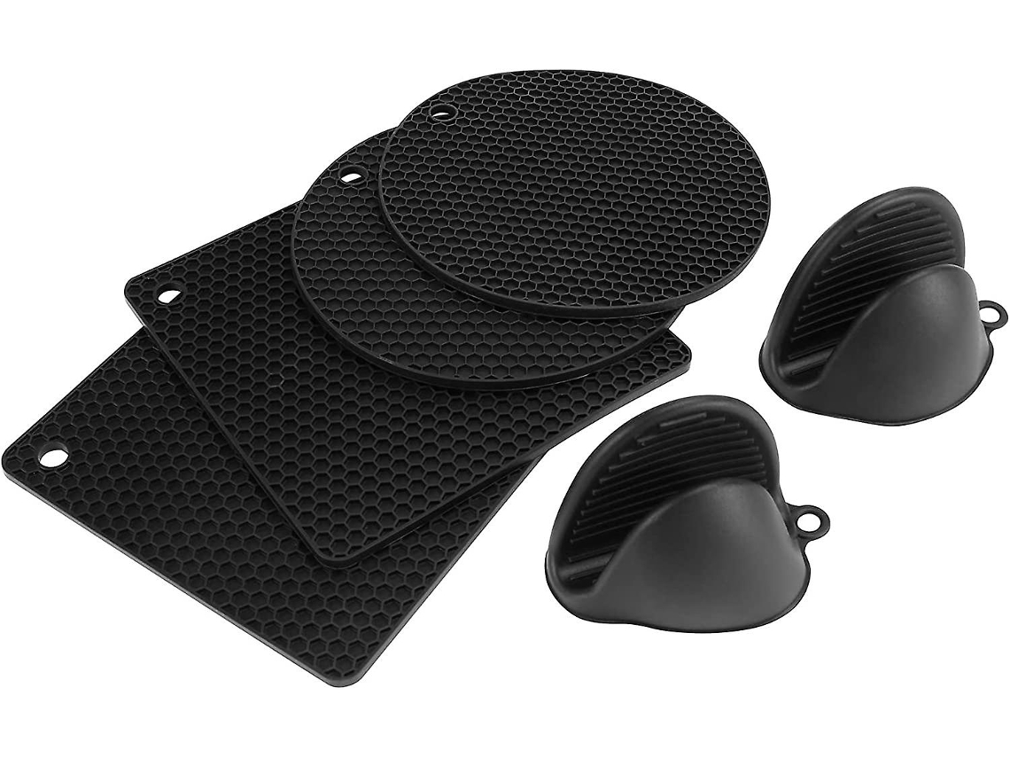 Trivet de Silicona, 6 Peças Almofada de Mesa Extra Grossa com Portavasos, 18,5cm Resistente Ao Calor para Cozinha, Preto