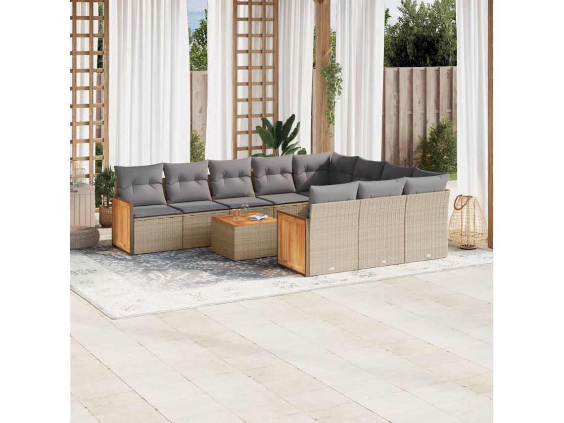 Conjunto de Sofá de Jardim 11 Peças C/ Almofadões Vime Pe Bege Dkd Home Decor