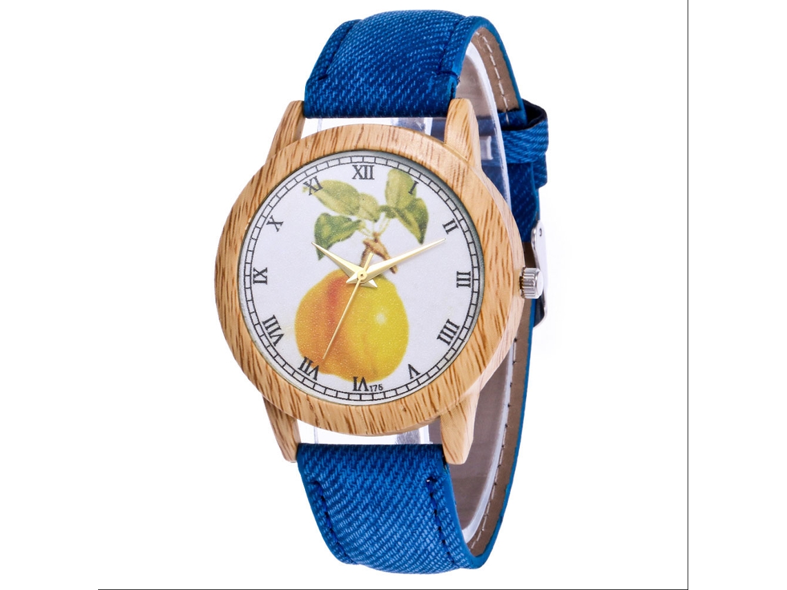 Relógio casual de quartzo com pulseira de jeans e estampa moderna de frutas (azul)