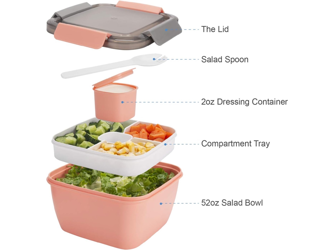 Salad Lunch Container To Go Tigelas de Salada com 3 Compartimentos Recipiente para Molhos de Salada Rosa 1,5L
