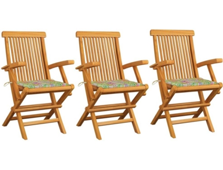 Cadeiras jardim c/ almofadões padrão de folhas 3 pcs teca