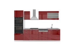 Cozinha R-Line, 300 cm com armário alto, Mármore PT, Borgonha alto brilho/branco, Vicco
