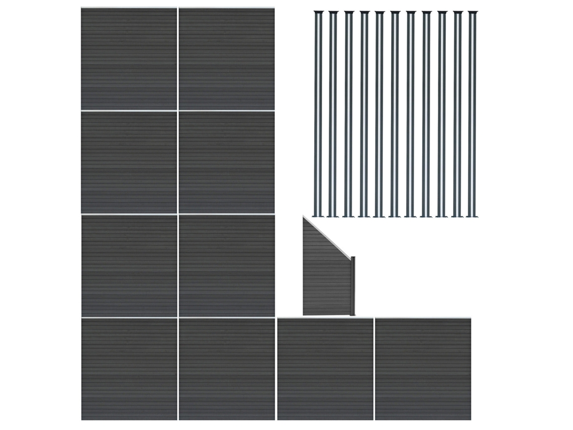 Vedao Exterior Wpc 185x1830cm | Cinza | 10xpainis Reto 1x Oblquo 11 Postes C/led Solar | Painel Dupla Face | Monstershop