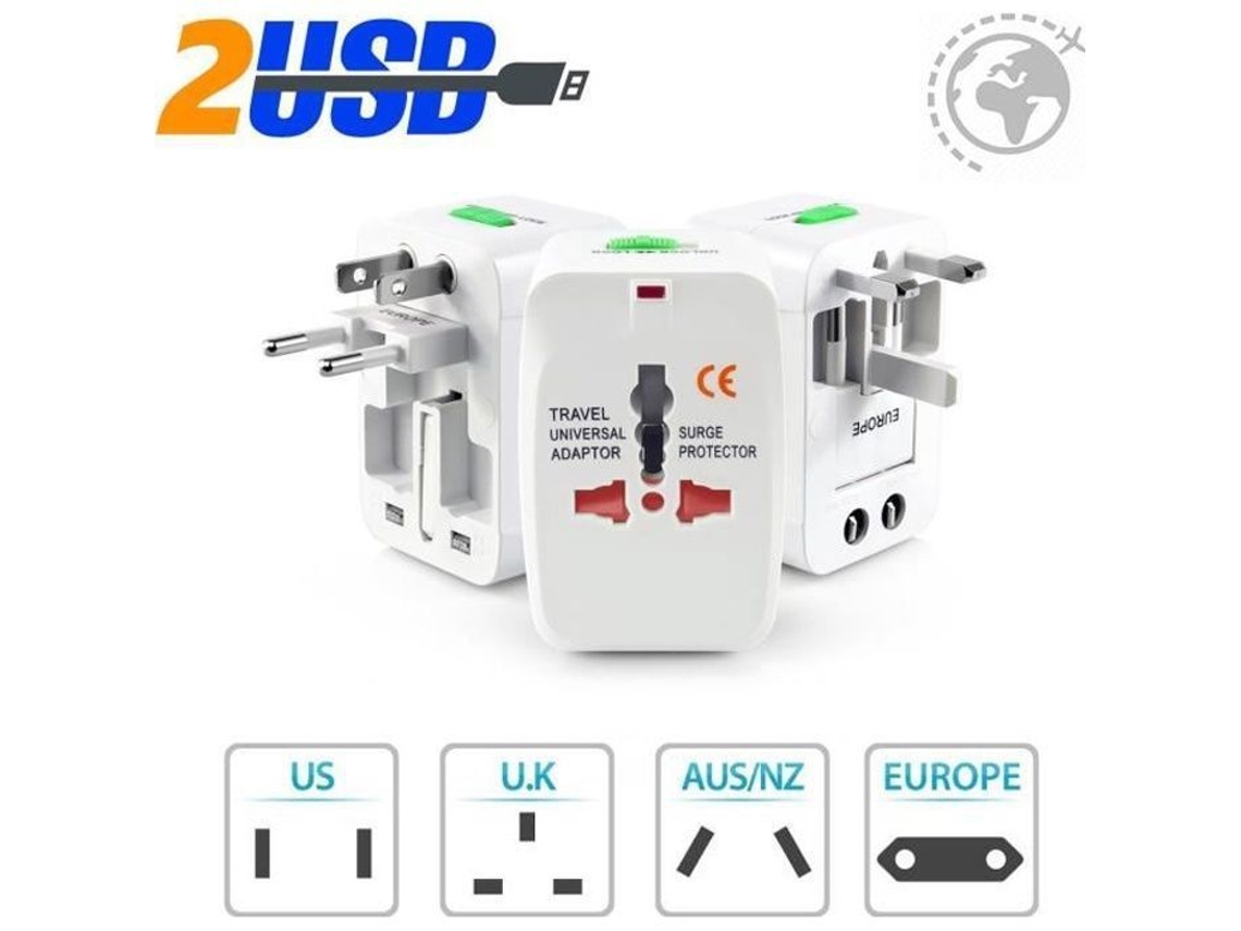 Adaptador De Viagem, Zisonix, Universal, 2 Portas Usb, Compatível Com 150 Países, Eua/ue/reino Unido/au