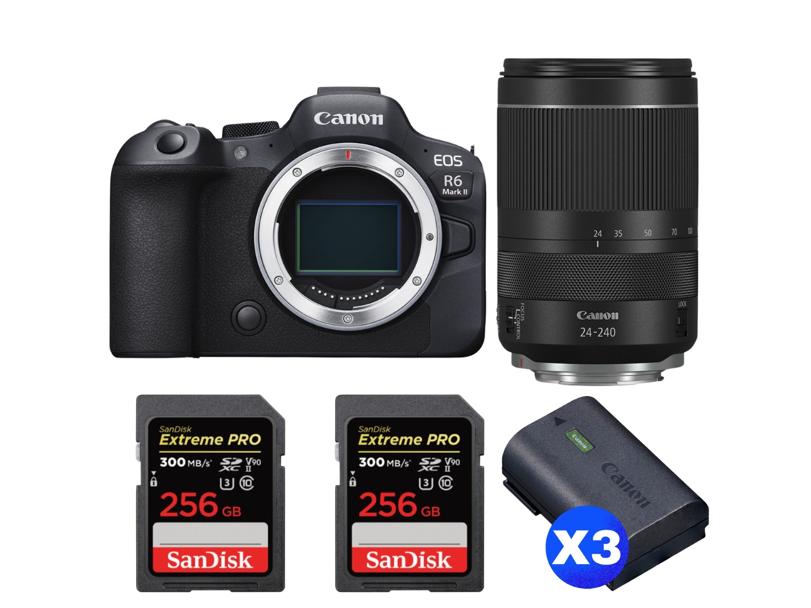 Eos R6 Mark Ii + Rf 24 240mm F/4 6.3 Is Usm + 2 Sandisk 256gb Uhs ii 300mb/s + 3 Canon Lp e6nh + Ebook “20 Dicas para Fotos Que Impressionam” CANON