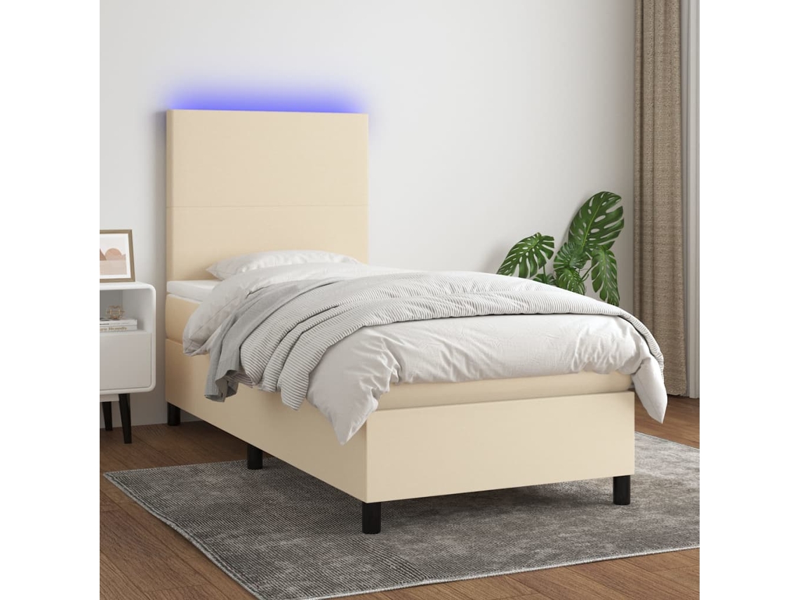 Cama De Solteiro | Camas Para Quarto | Cama Box Spring C/ Colchão E Led 80x200 Cm Tecido Cor Creme