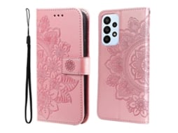 Capa De Couro Com Aba Horizontal E Estampa De Flores De 7 Pétalas Em Relevo Para Samsung Galaxy A23 / Galaxy M23 / Galaxy F23
