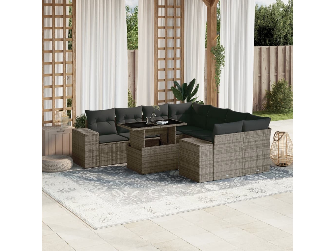 Vidaxl 9 Pcs Conjunto Sofás P/ Jardim Com Almofadões Vime Pe Cinzento